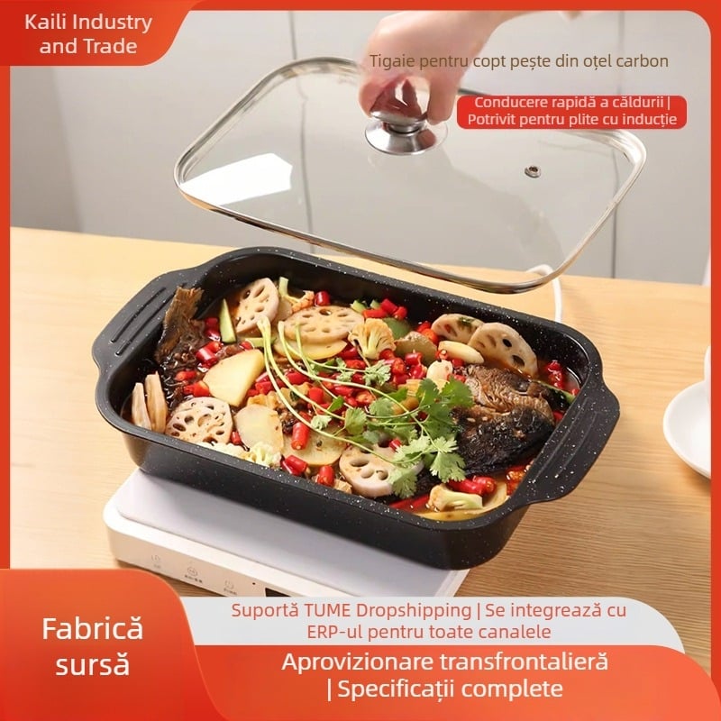 Tigaie-grill pentru pește cu două mâneri, din fontă cu piatră Maifan, pentru camping în aer liber și grătar acasă, compatibilă cu plita cu inducție