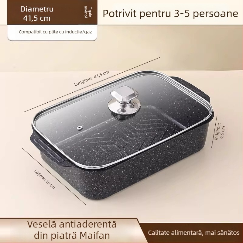 Tigaie-grill pentru pește cu două mâneri, din fontă cu piatră Maifan, pentru camping în aer liber și grătar acasă, compatibilă cu plita cu inducție