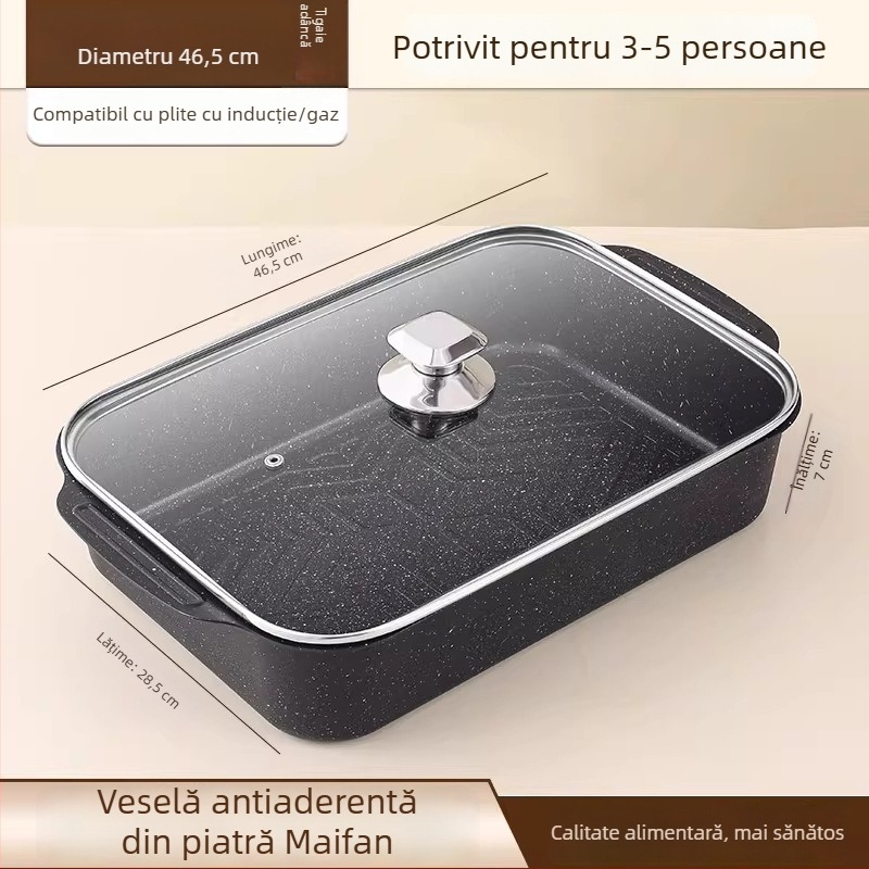 Tigaie-grill pentru pește cu două mâneri, din fontă cu piatră Maifan, pentru camping în aer liber și grătar acasă, compatibilă cu plita cu inducție