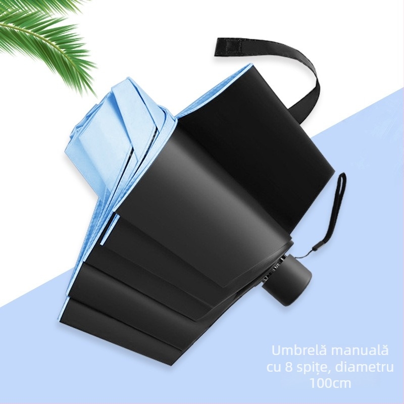 Umbrelă pliabilă manuală cu opt spițe, acoperire neagră, protecție UV, dual pentru soare și ploaie, logo personalizat, umbrelă publicitară pentru vânzare en gros