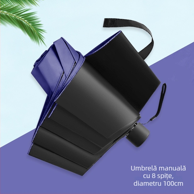 Umbrelă pliabilă manuală cu opt spițe, acoperire neagră, protecție UV, dual pentru soare și ploaie, logo personalizat, umbrelă publicitară pentru vânzare en gros