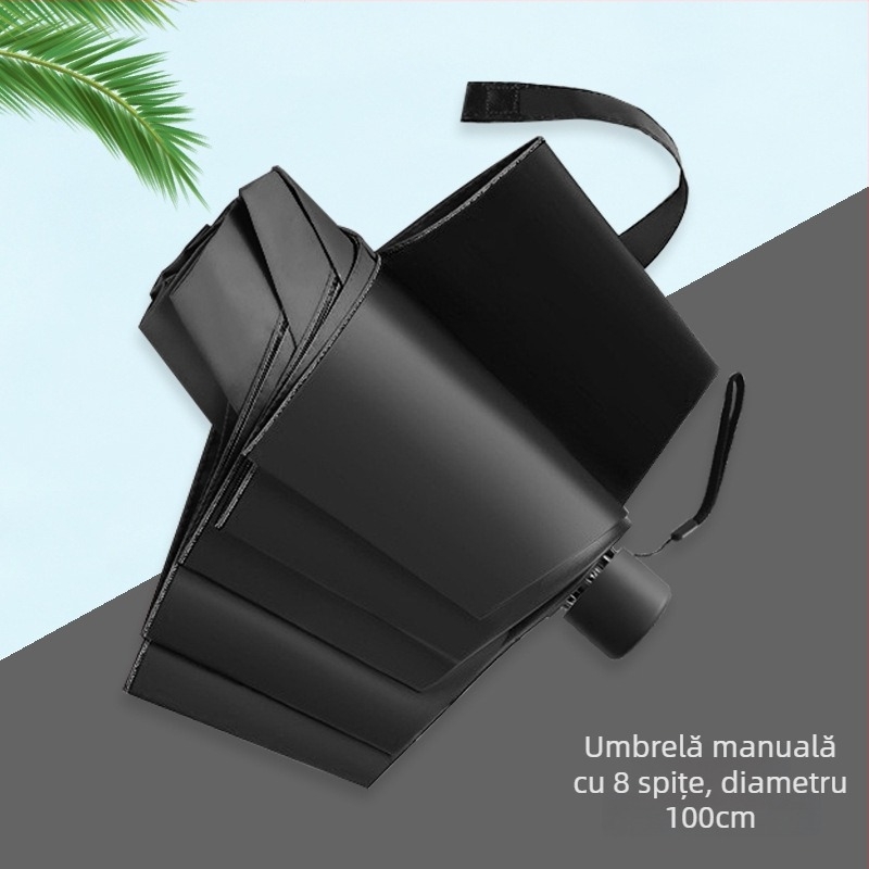 Umbrelă pliabilă manuală cu opt spițe, acoperire neagră, protecție UV, dual pentru soare și ploaie, logo personalizat, umbrelă publicitară pentru vânzare en gros