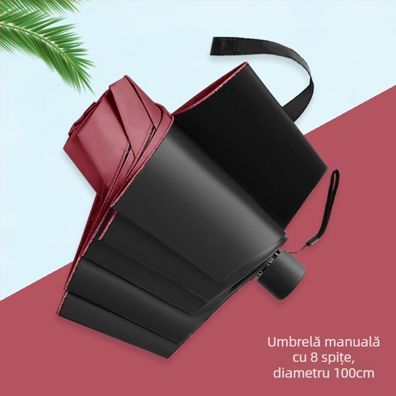 Umbrelă pliabilă manuală cu opt spițe, acoperire neagră, protecție UV, dual pentru soare și ploaie, logo personalizat, umbrelă publicitară pentru vânzare en gros