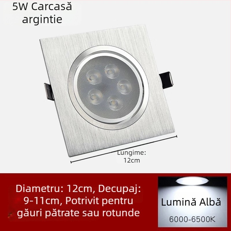 Downlight LED cu o singură sursă, corp pătrat, pentru plafon, încastrabil pentru uz casnic