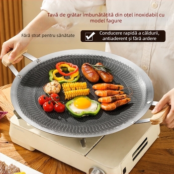 Tigaie grill din oțel inoxidabil, cu model fagure, îngroșată, suprafață antiaderentă netedă, potrivită pentru exterior, compatibilă cu plitele cu inducție, plitele cu gaz și plita de tip casetă