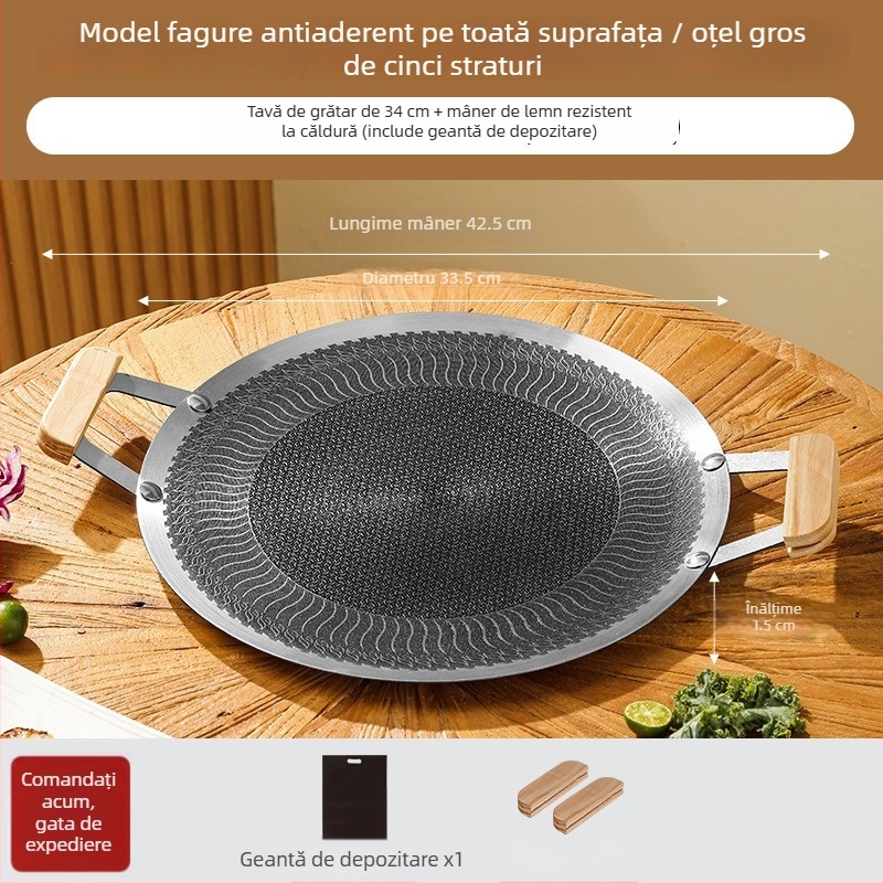 Tigaie grill din oțel inoxidabil, cu model fagure, îngroșată, suprafață antiaderentă netedă, potrivită pentru exterior, compatibilă cu plitele cu inducție, plitele cu gaz și plita de tip casetă