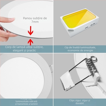 Downlight LED ultra-subțire încastrat, panou circular de 75 mm, corp de plafon cu orificiu de grilă