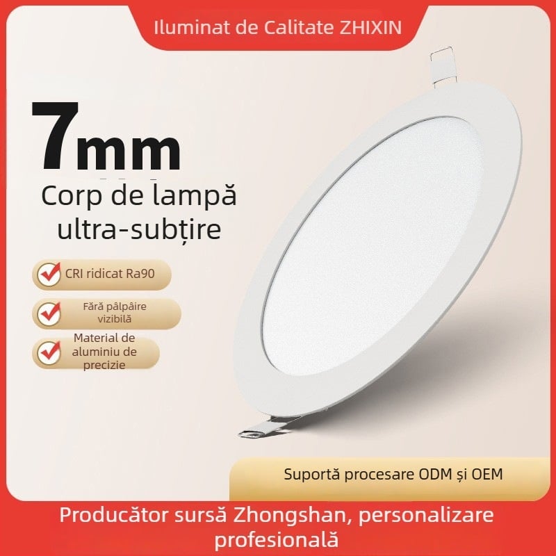 Downlight LED ultra-subțire încastrat, panou circular de 75 mm, corp de plafon cu orificiu de grilă