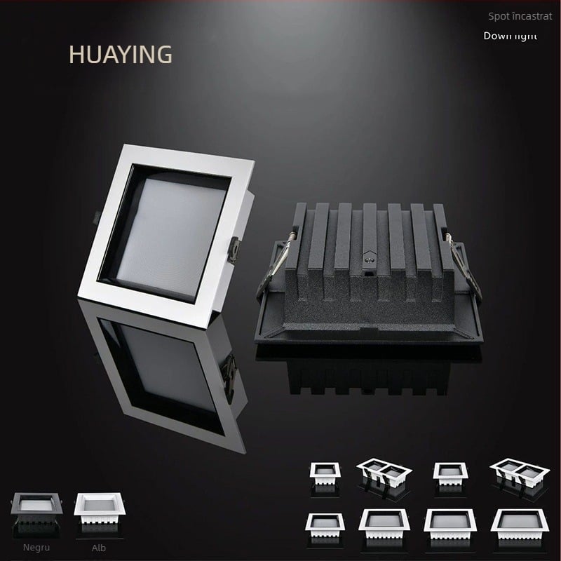 Downlight LED pătrat cu grilaj, deschidere mare, finisaj negru, iluminare de plafon pentru magazine de haine, înaltă luminozitate
