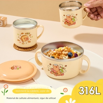 Castron pentru copii din oțel inoxidabil 316, cu capac și mâner, cu două urechi, izolat, pentru hrana bebelușului, rezistent la căderi.
