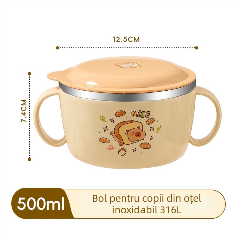 Castron pentru copii din oțel inoxidabil 316, cu capac și mâner, cu două urechi, izolat, pentru hrana bebelușului, rezistent la căderi.