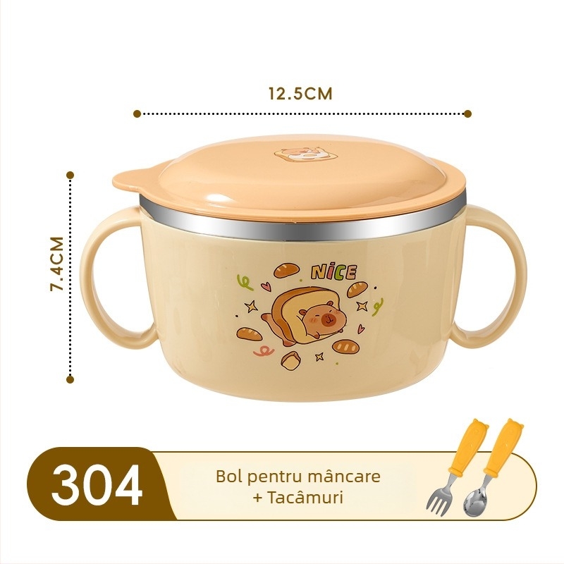 Castron pentru copii din oțel inoxidabil 316, cu capac și mâner, cu două urechi, izolat, pentru hrana bebelușului, rezistent la căderi.