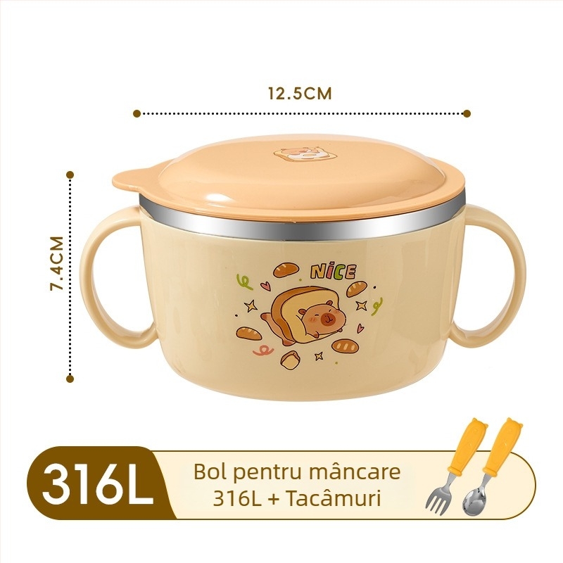 Castron pentru copii din oțel inoxidabil 316, cu capac și mâner, cu două urechi, izolat, pentru hrana bebelușului, rezistent la căderi.