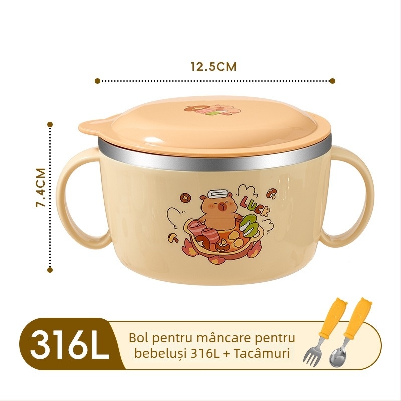 Castron pentru copii din oțel inoxidabil 316, cu capac și mâner, cu două urechi, izolat, pentru hrana bebelușului, rezistent la căderi.