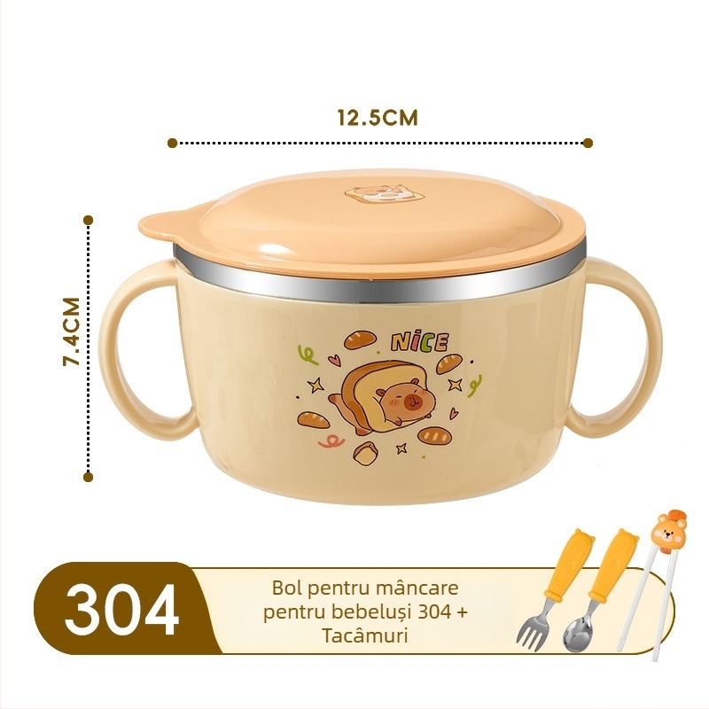 Castron pentru copii din oțel inoxidabil 316, cu capac și mâner, cu două urechi, izolat, pentru hrana bebelușului, rezistent la căderi.