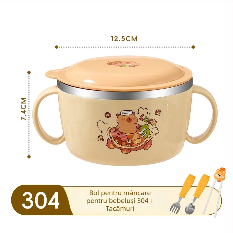 Castron pentru copii din oțel inoxidabil 316, cu capac și mâner, cu două urechi, izolat, pentru hrana bebelușului, rezistent la căderi.