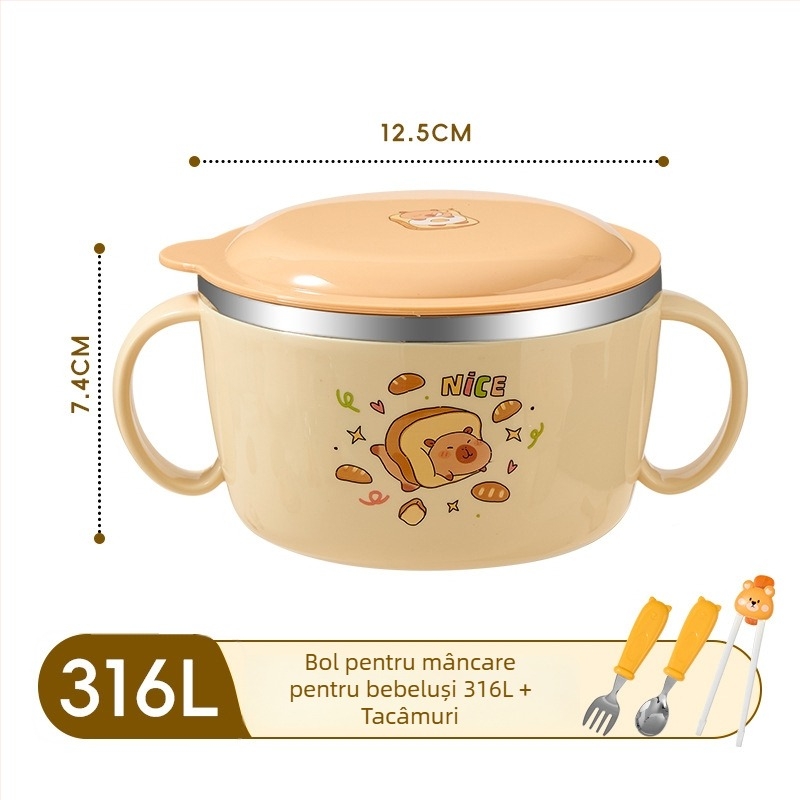 Castron pentru copii din oțel inoxidabil 316, cu capac și mâner, cu două urechi, izolat, pentru hrana bebelușului, rezistent la căderi.