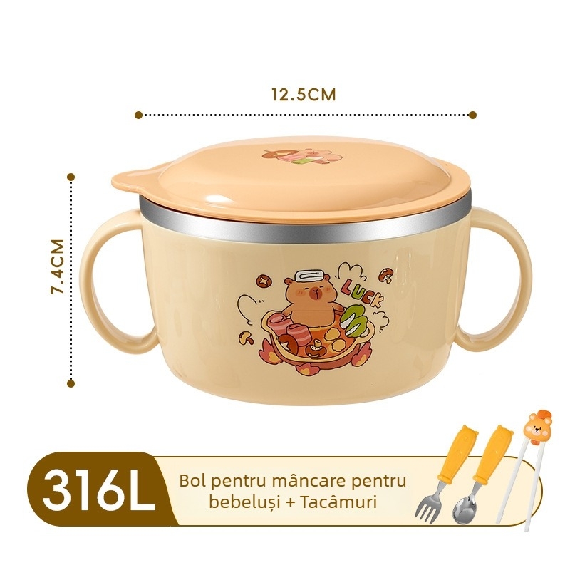 Castron pentru copii din oțel inoxidabil 316, cu capac și mâner, cu două urechi, izolat, pentru hrana bebelușului, rezistent la căderi.