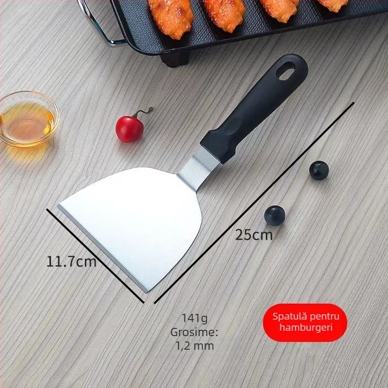 Spatulă teppanyaki din oțel inox cu mâner din cauciuc — pentru clătite, prăjituri și cotlete, stil japonez