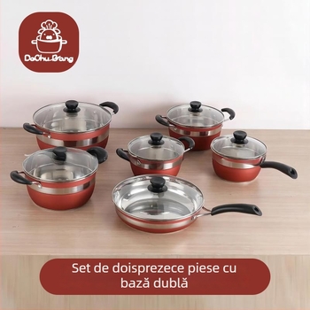 Set de vase din oțel inoxidabil, 12 piese, cu fund triplu, incluzând oală de supă, oală pentru lapte și tigaie de prăjit