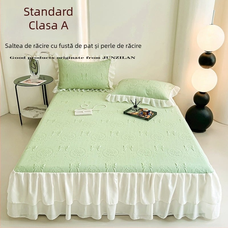 Covor răcire Jacquard – set de 3 piese cu fustă pentru pat, lavabil, pliabil, pentru cămin cu pat single