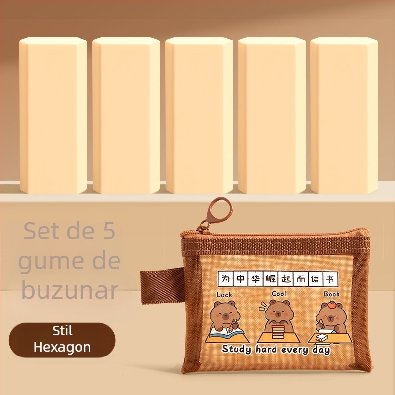 Radieră de buzunar cu capybara pentru elevi din învățământ primar, fără praf, netoxică, formă hexagonală