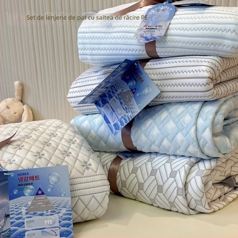 Tehnologie de răcire în stil coreean, covoraș PE moale de răcire, lavabil la mașină, covoraș ice silk, set de cearșafuri cu elastic, set de trei piese pentru pat de 1,8 m