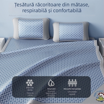 Saltea de pat răcoroasă din ice silk, set de 3 piese, pliabilă și lavabilă, pentru pat în cămin