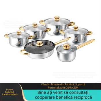 Set de vase din oțel inoxidabil, 12 piese, cu mânere aurii, include ceainic și o tigaie antiaderentă cu capac din sticlă