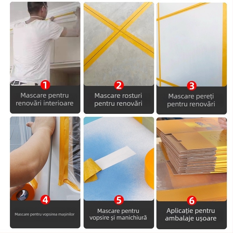 Bandă de mascare din hârtie galbenă pentru vopsire — hârtie de mascare pentru pereți exteriori cu finisaj din piatră, hârtie de separare a culorilor