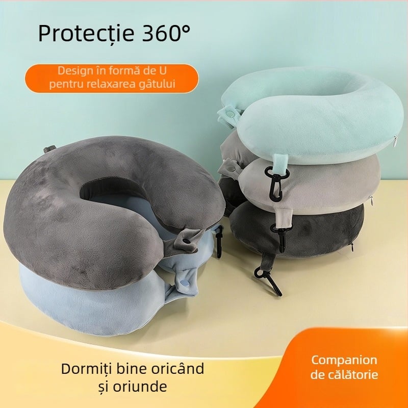 Pernă din spumă cu memorie, formă U, cu carabiner, pentru călătorii, susținere cervicală și odihnă la birou, somn pe o parte
