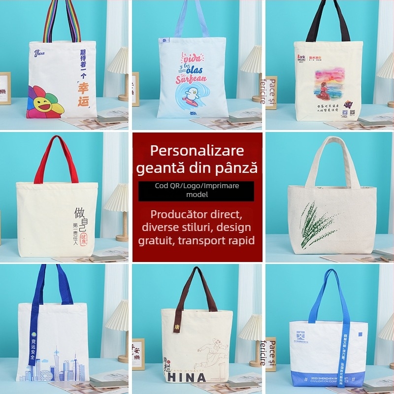 Geantă din pânză cu logo personalizat, pânză laminată de înaltă calitate, geantă la comandă din bumbac gol și geantă cu șnur
