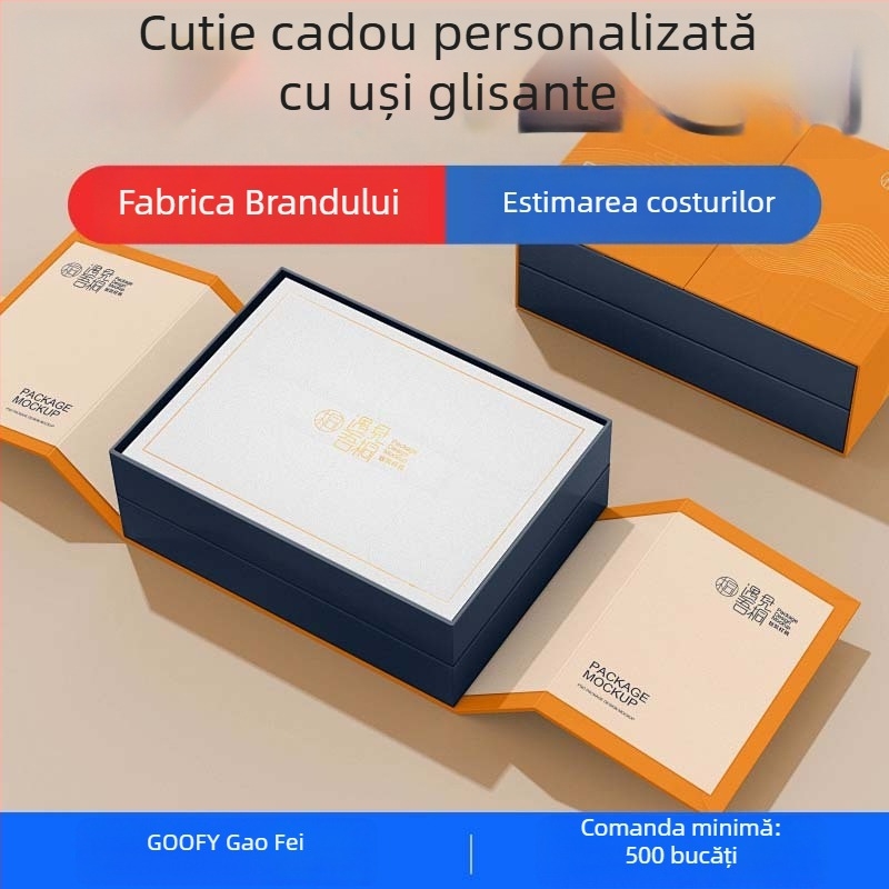 Cutie cadou personalizată pentru cosmetic — cutie în format carte, capac rabatabil, tavă glisantă și capacul/bază cu două părți