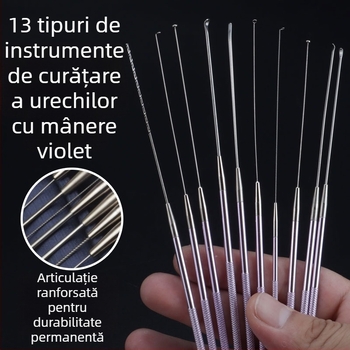 ALJ6 Set profesional pentru curățarea urechilor, mâner din aluminiu, vârfuri mari și mici pentru urechi, lingură cu cap de ciupercă, bețișoare din bumbac