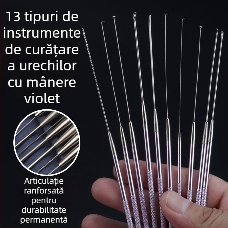 ALJ6 Set profesional pentru curățarea urechilor, mâner din aluminiu, vârfuri mari și mici pentru urechi, lingură cu cap de ciupercă, bețișoare din bumbac