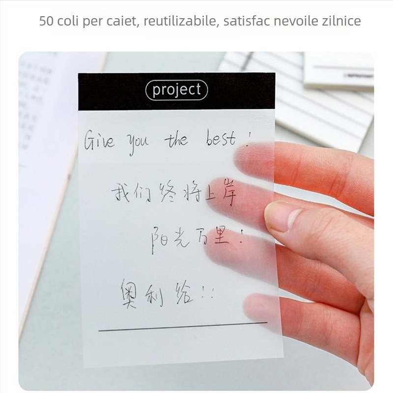 Note adezive transparente, scrise pe PET, impermeabile, design minimalist, notițe pe hârtie