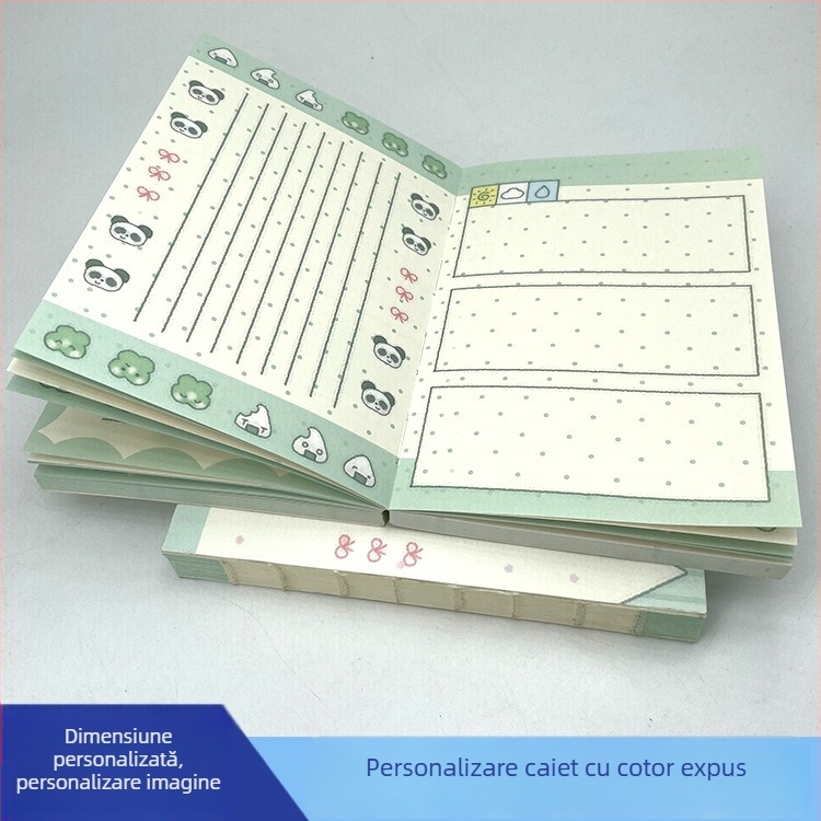 Planner A6 drăguț, în stil japonez și coreean, personalizabil cu designul tău, cu layout flat lay, legare cusută și spate expus.