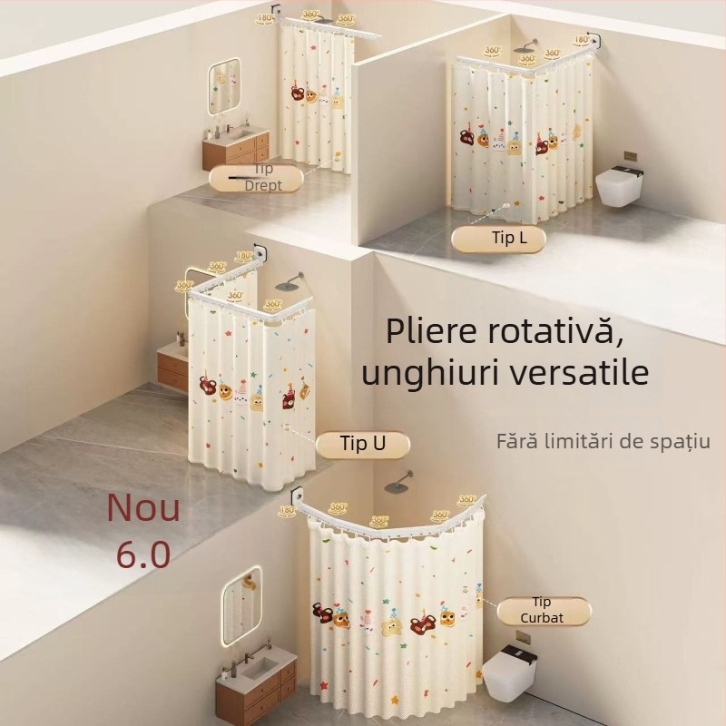 Perdea de duș pliabilă cu ventuze, fără găuri, impermeabilă, separator baie uscat–ud