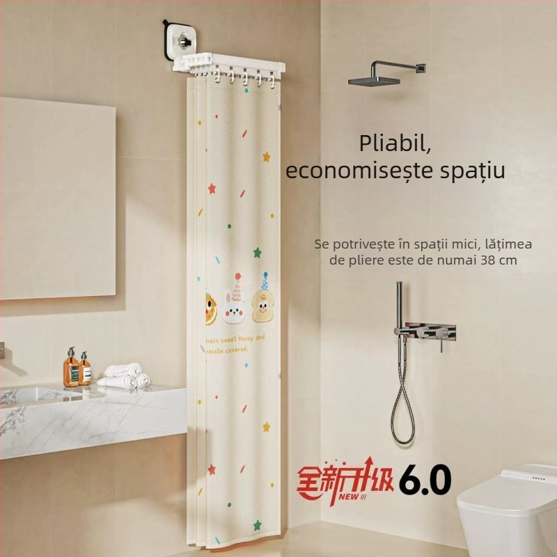 Perdea de duș pliabilă cu ventuze, fără găuri, impermeabilă, separator baie uscat–ud