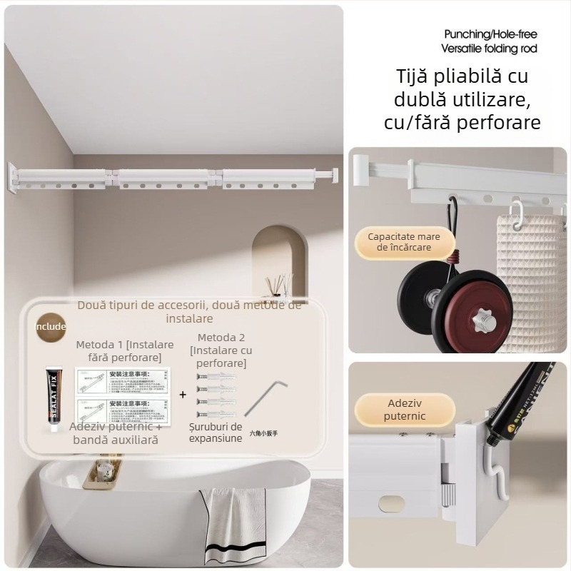 Perdea de duș pliabilă cu ventuze, fără găuri, impermeabilă, separator baie uscat–ud