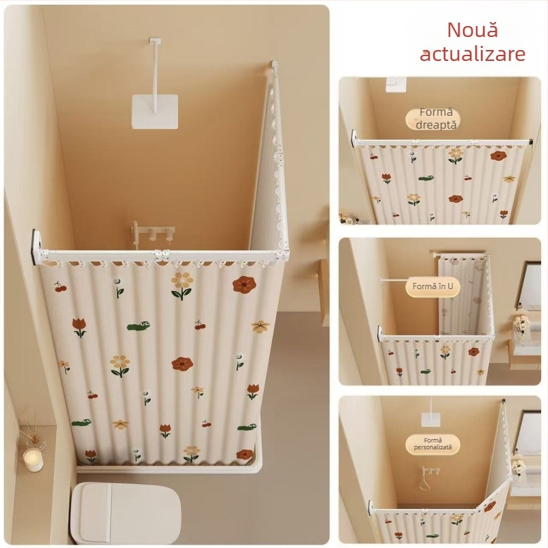 Perdea de duș pliabilă cu ventuze, fără găuri, impermeabilă, separator baie uscat–ud