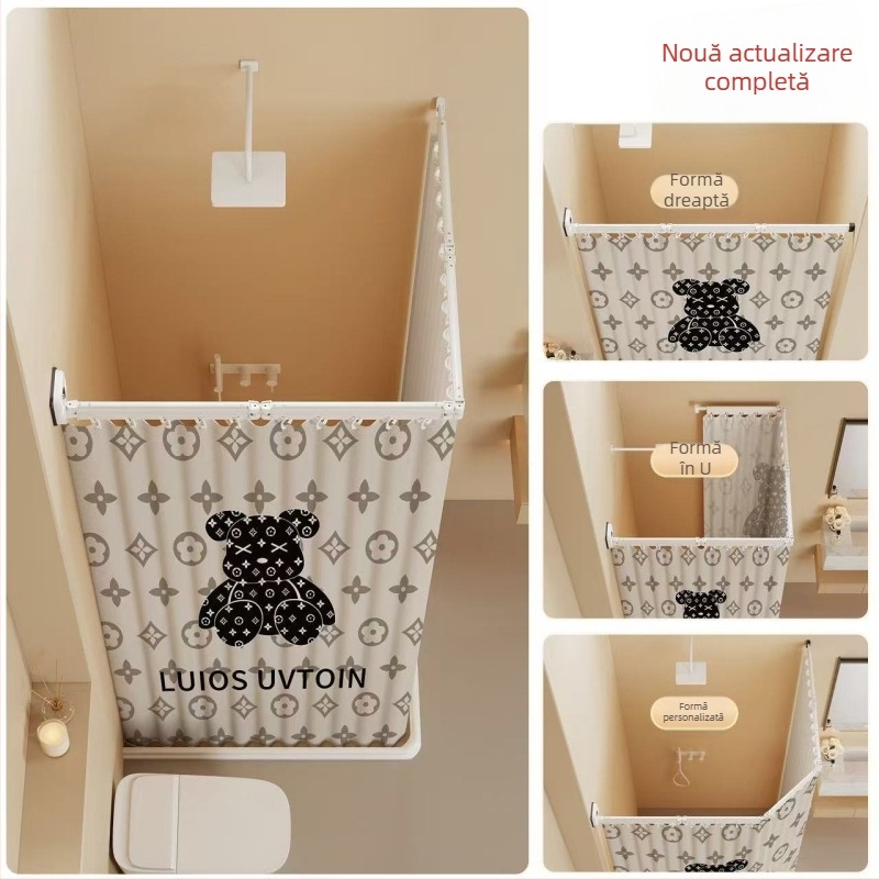 Perdea de duș pliabilă cu ventuze, fără găuri, impermeabilă, separator baie uscat–ud