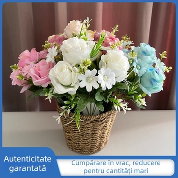 Flori artificiale în stil european, 7 trandafiri cu efect diamant, cu verdeață pentru decor de nuntă