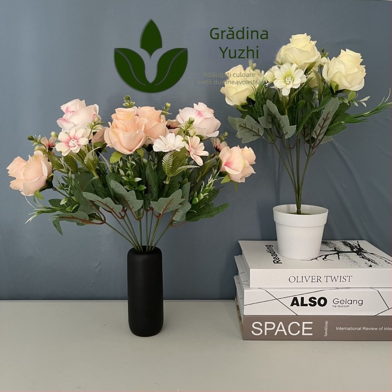 Flori artificiale în stil european, 7 trandafiri cu efect diamant, cu verdeață pentru decor de nuntă