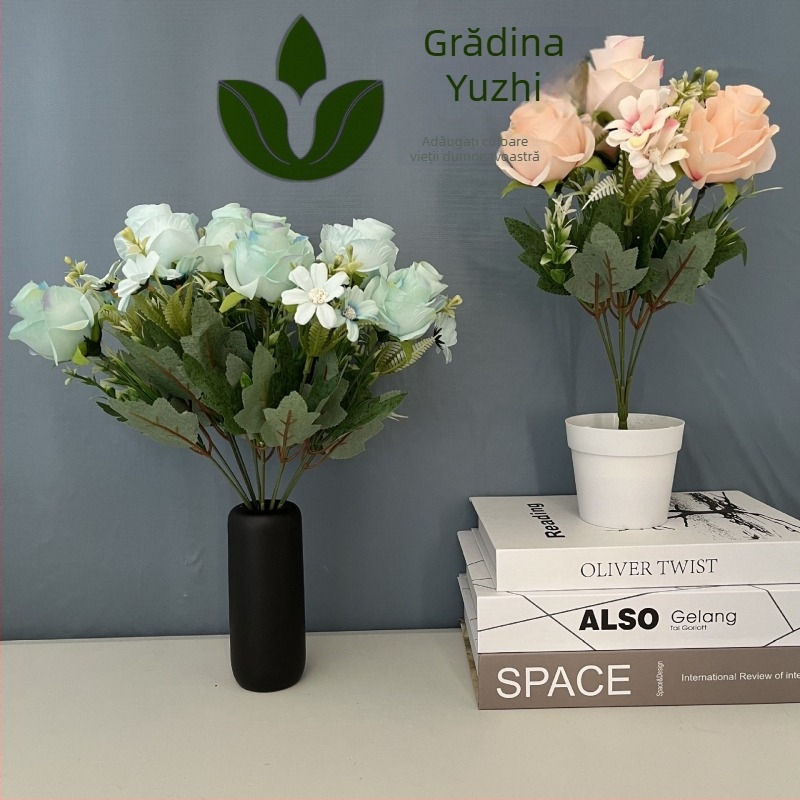 Flori artificiale în stil european, 7 trandafiri cu efect diamant, cu verdeață pentru decor de nuntă
