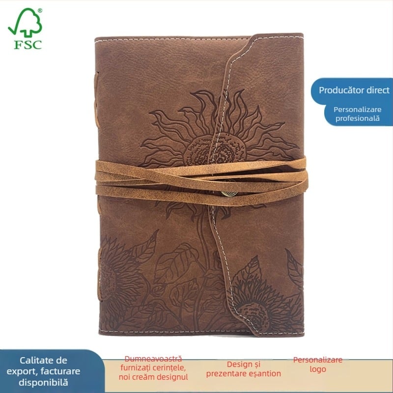 Jurnal de afaceri A5 din PU imitatie piele, stil retro, personalizat, cu curea, pagini libere și pagini liniate