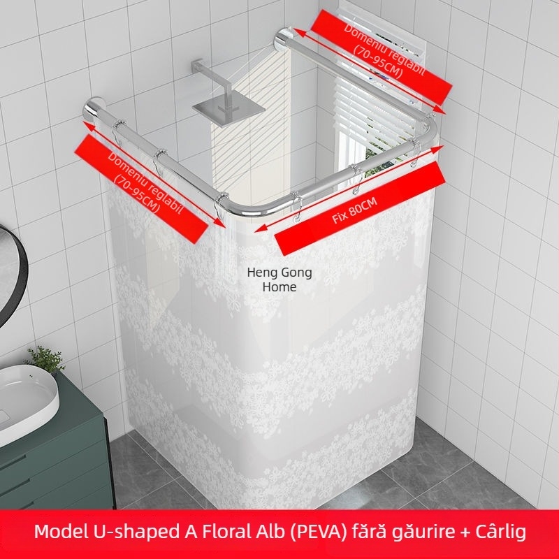 Bară de duș în formă de U, fără găuri, extensibilă, impermeabilă și antifungică