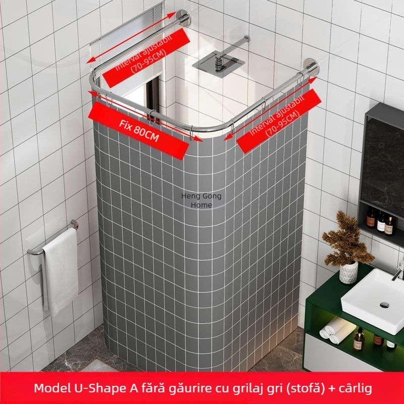 Bară de duș în formă de U, fără găuri, extensibilă, impermeabilă și antifungică