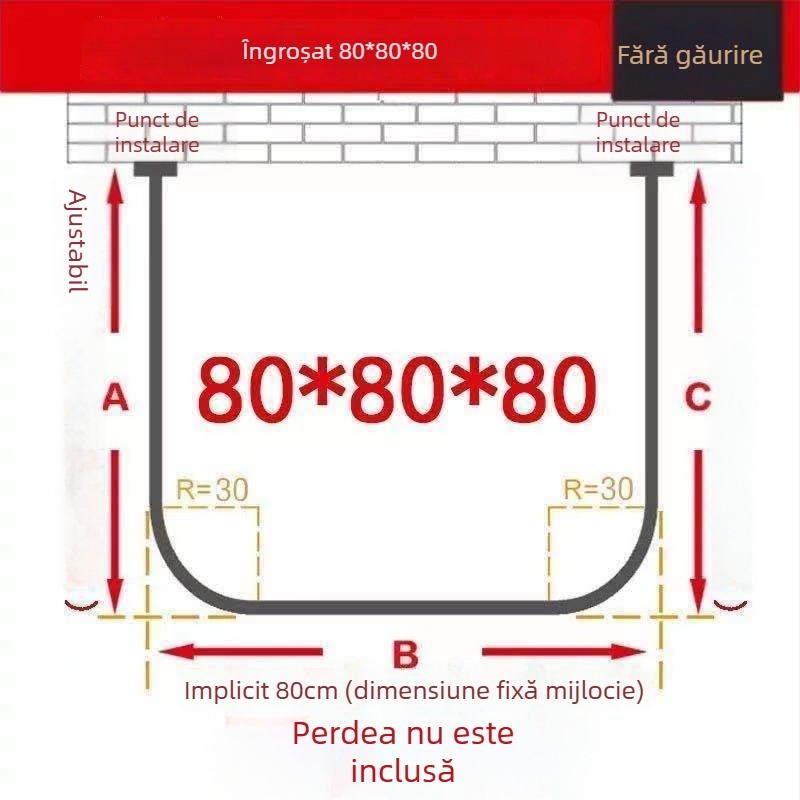 Bară de duș în formă de U, fără găuri, extensibilă, impermeabilă și antifungică