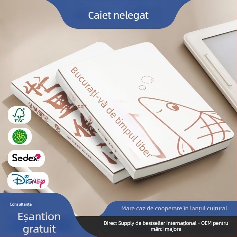 Caiet B5 cu legare lipită și cotor expus, deschidere plată, copertă tare, 180 pagini